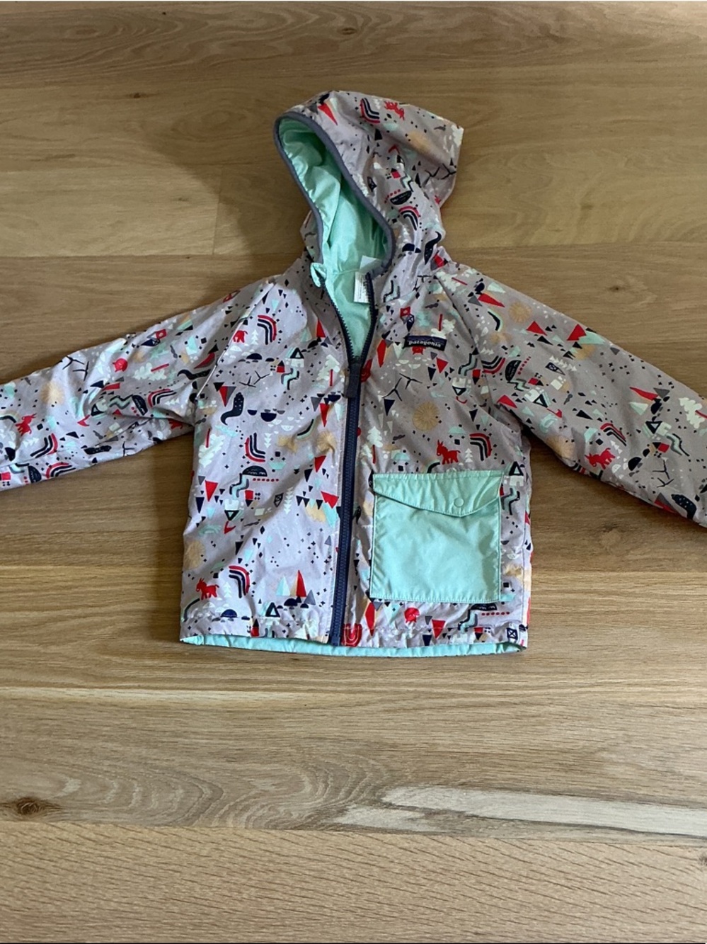 Patagonia Kids Puffer Jacket in Light Gray with Mint Accents